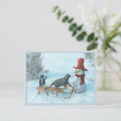 猫2匹と雪だるま葉書 シーズンポストカード (スタンド正面)