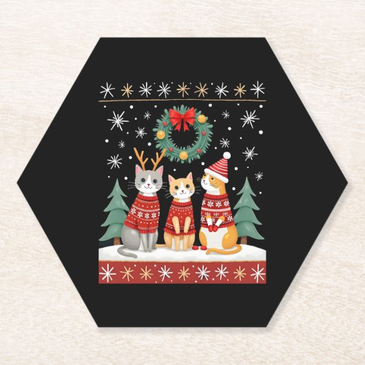 猫3匹の面白いクリスマスの猫のダサ可愛いXmasセーター メンズ ペーパーコースター (正面)