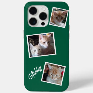 猫3枚コラージュのペット名グリーン iPhone 15 PRO MAXケース