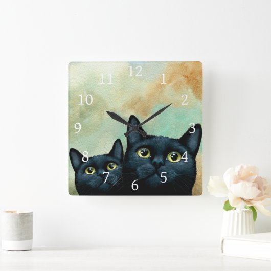 猫607黒猫 スクエア壁時計 (ホーム)