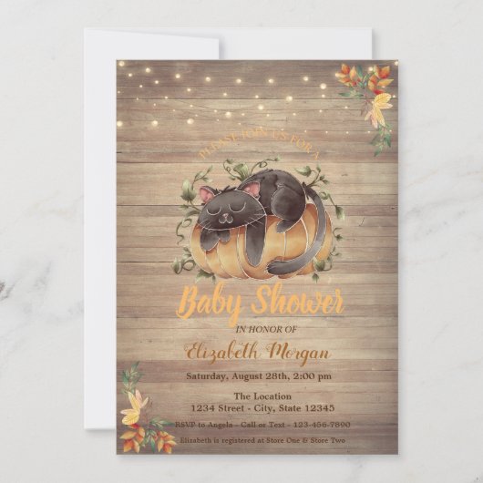 猫，かぼちゃ，ストリングライト，木のテクスチャー赤ちゃんシャワー 招待状 (正面)