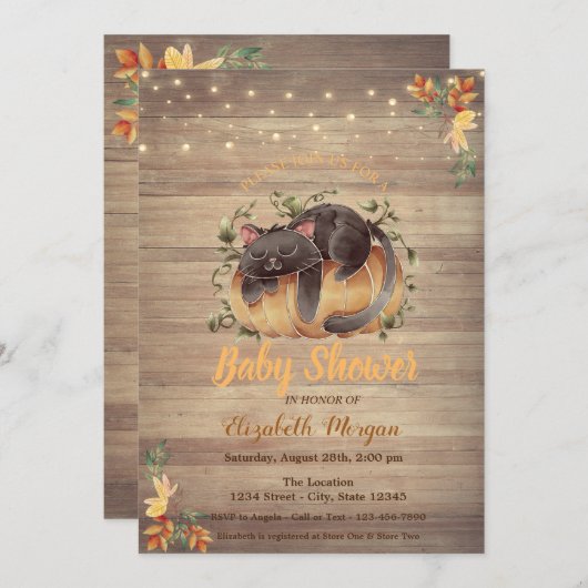 猫,かぼちゃ,ストリングライト,木のテクスチャー赤ちゃんシャワー 招待状 (正面/裏面)