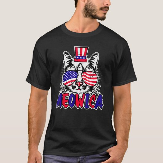 猫 アメリカ 国旗 4th 7月 愛国 メオウィカ tシャツ (正面)