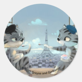 猫 & エッフェル塔 - パリ ラウンド ステッカー