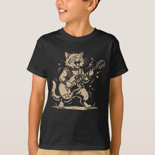 猫 ギター 音楽好き カートゥーン アニマル デザイン Tシャツ (正面)