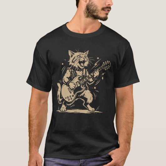 猫 ギター 音楽 愛好家 カートゥーン 動物 デザイン Tシャツ (正面)