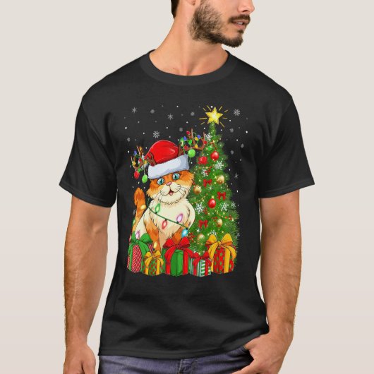 猫 クリスマス 休日 サンタ 猫 もみの木 Tシャツ (正面)