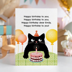 猫、ケーキとろうそくの誕生日カード カード