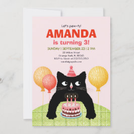 猫、ケーキとキャンドルを飾った3歳の誕生日パーティー 招待状