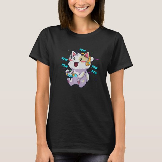 猫 ゲーミング ビデオゲーム おたく 女子 Tシャツ (正面)