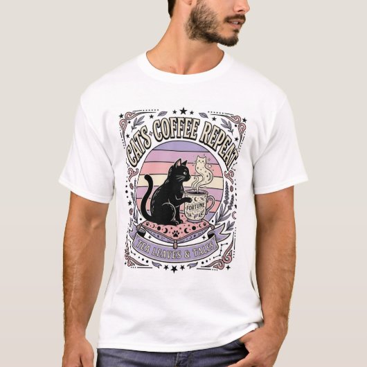 猫 コーヒー リピート 猫 お茶の葉 コーヒー占い R Tシャツ (正面)