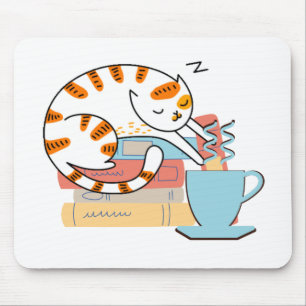 猫、コーヒー、本 マウスパッド