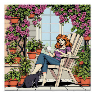 猫、コーヒー、植物と過ごす時間 ポスター