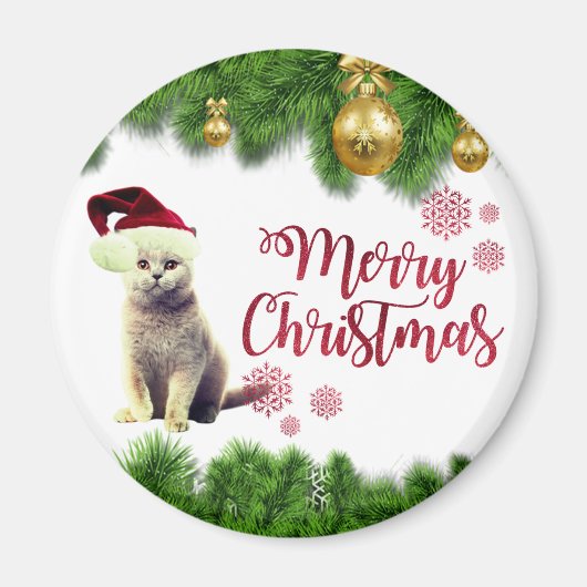 猫,サンタ帽子,クリスマスボール マグネット (正面)