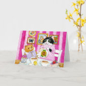 猫，テディベア，茶パーティー，ピンク，カード カード (黄色い花)