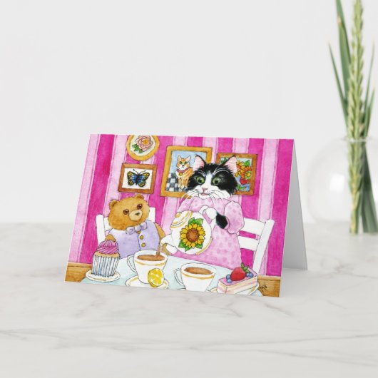 猫，テディベア，茶パーティー，ピンク，カード カード (正面)