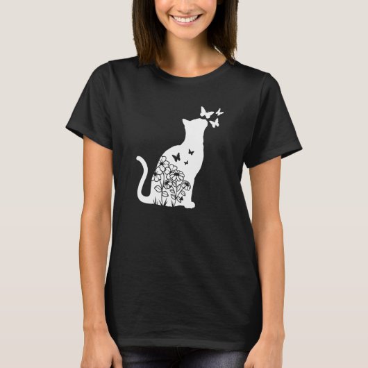 猫+フラワー+蝶+花+女性+女の子+猫ママ Tシャツ (正面)