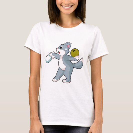 猫 ボウリング ボウリングボール ピン Tシャツ (正面)