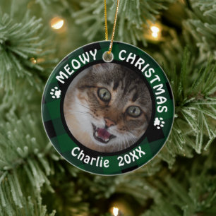 猫「メオウィクリスマス」 2面2写真グリーンプレイド セラミックオーナメント