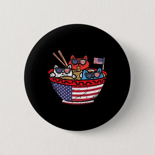 猫 ラーメン アニメ アメリカ国旗 USA 面白い 7月4日 缶バッジ (正面)