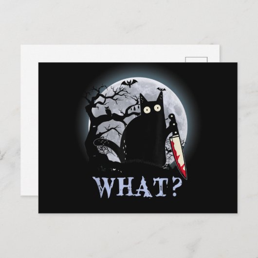 猫 何 殺意満々の黒猫 ナイフ ハロウィン シーズンポストカード (正面/裏面)