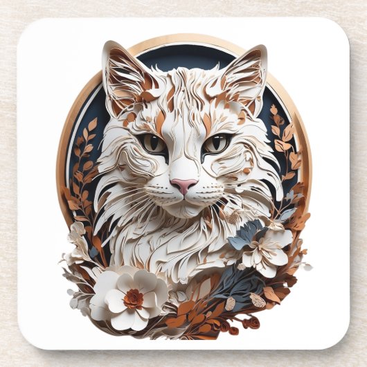 猫，子猫付き花 コースター (正面)