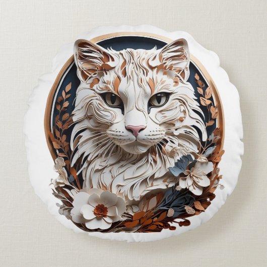 猫，子猫付き花 ラウンドクッション (正面)