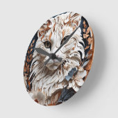 猫，子猫付き花 ラウンド壁時計 (傾斜)