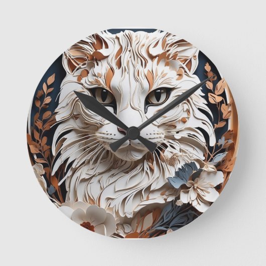 猫，子猫付き花 ラウンド壁時計 (正面)