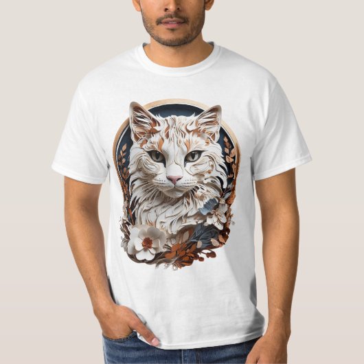 猫，子猫付き花 Tシャツ (正面)