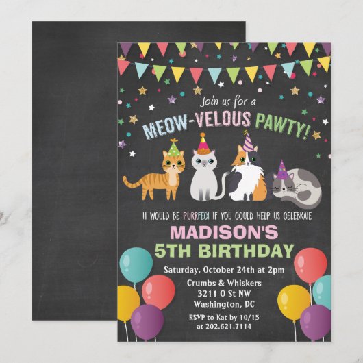 猫+子猫+誕生日+チョーク+招待状 - どの年齢にも 招待状 (正面/裏面)