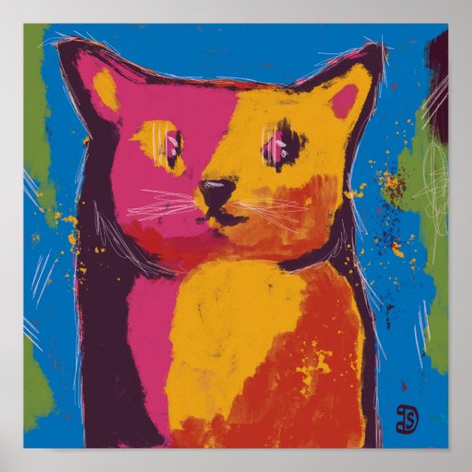 猫、抽象的なデジタルペインティング、鮮やかな色彩 ポスター (正面)