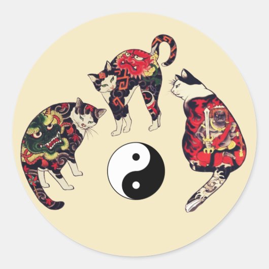 猫，日本のドラゴンレッドデビルタトゥー，陰陽 ラウンドシール (正面)
