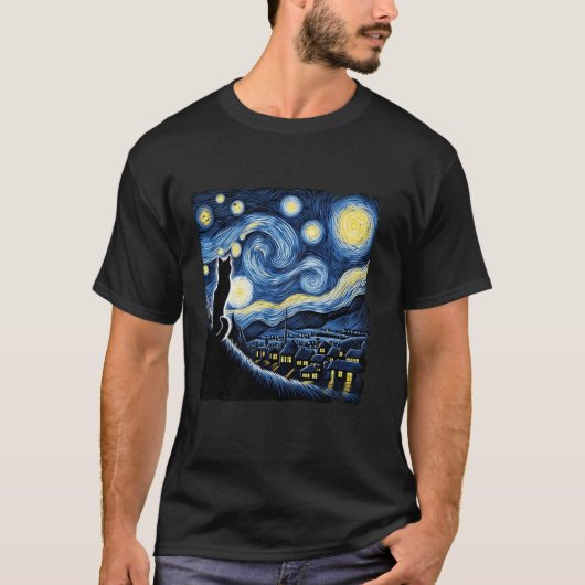 猫 星月夜 ゴッホ ネコ好きな人へ 猫ママ Tシャツ (正面)