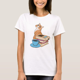 猫、本、コーヒーかわいい Tシャツ