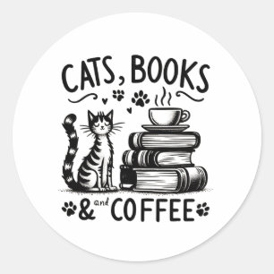 猫、本、コーヒー ラウンドシール
