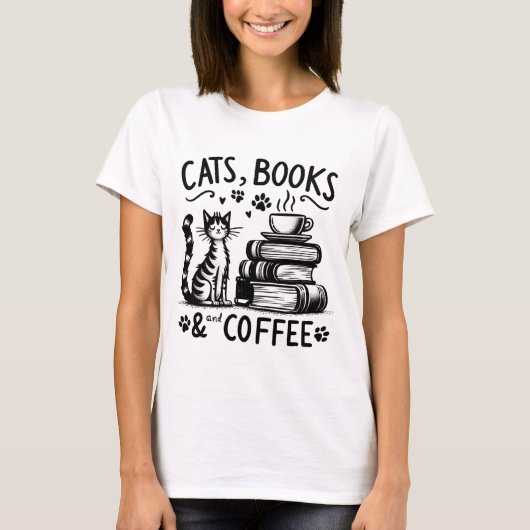 猫、本、コーヒー Tシャツ (正面)