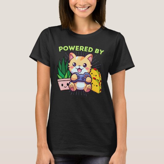 猫+植物+タコスで動く面白いゲーム Tシャツ (正面)