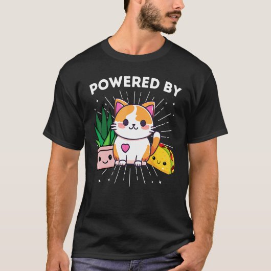 猫+植物+タコスで動く 面白い Tシャツ (正面)