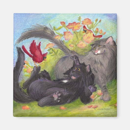 猫・深紅色・バラ/マグネット マグネット (正面)