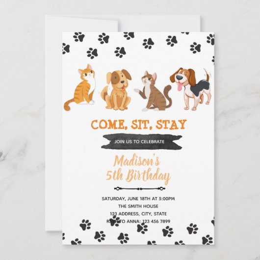 猫 犬 ペットの誕生日招待状 招待状 (正面)