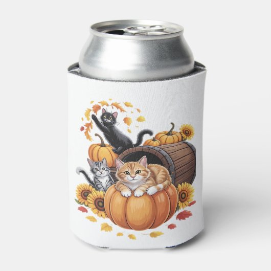 猫 秋 オートムンパンプキン 感謝祭 ひまわり O 缶クーラー (缶正面)