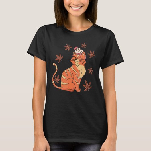 猫 紅葉 秋 こんにちは オートゥムン Tシャツ (正面)