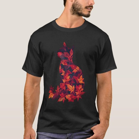 猫 紅葉 秋 自然 ダークレッド 猫好き Tシャツ (正面)
