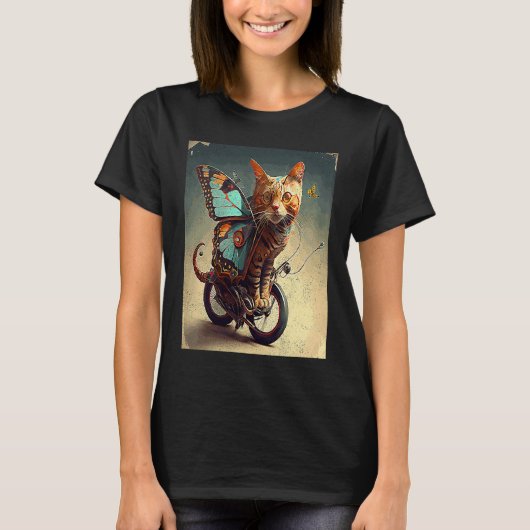 猫 自転車 蝶 Tシャツ (正面)
