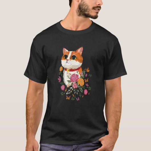 猫 花 ちょうちょ 猫 Tシャツ (正面)