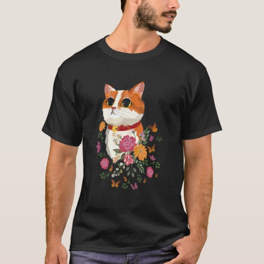 猫 花 蝶々 猫 Tシャツ (正面)