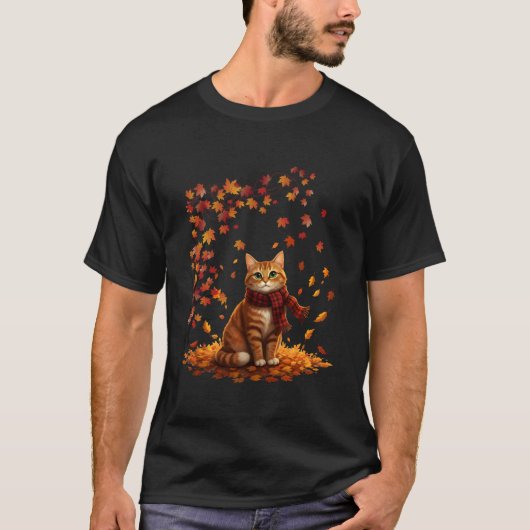 猫+葉+落ちる+木+こんにちは+秋+感謝祭+だね Tシャツ (正面)