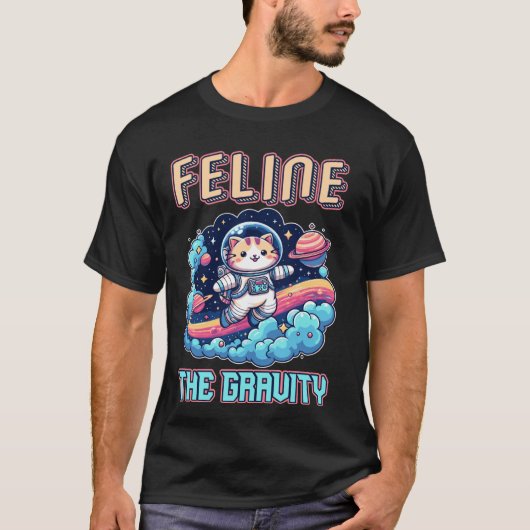 猫+重力+宇宙飛行士+猫+宇宙+冒険 Tシャツ (正面)