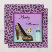 猫、靴及びボトルの紫色の毛皮の質のベビーシャワー 招待状 (正面/裏面)